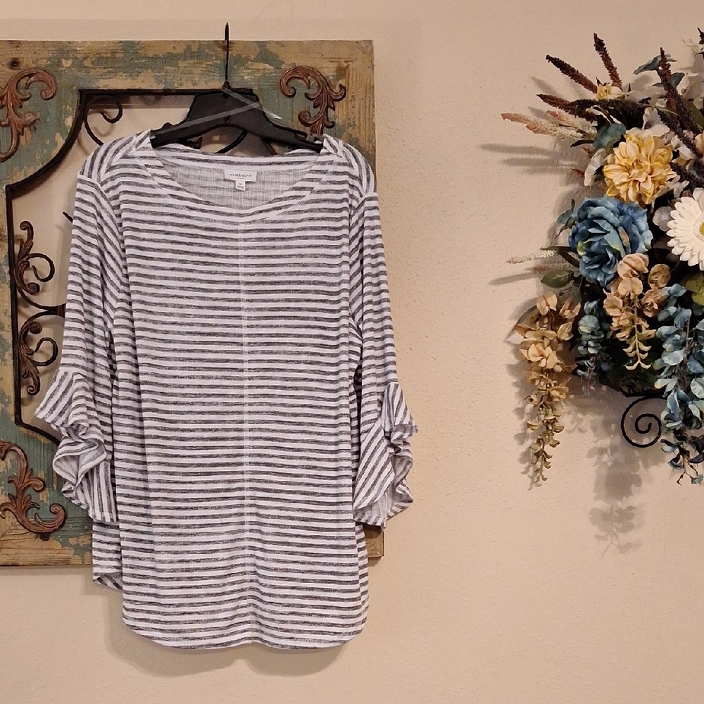 Westbound White and Gray Striped Ruffle Sleeve Blouse